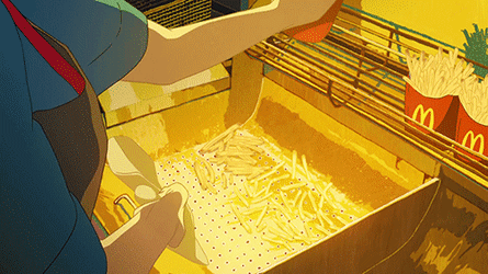 gif of an anime mcdonalds worker scooping fries into cartons