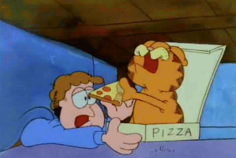 gif of garfield popping out of a pizza box and stealing a piece of pizza from jon.