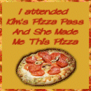 Picture of a pizza that reads I attended Kim's Pizza Pass And She Made Me This Pizza
