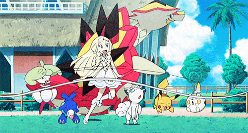 gif of Lilie from Pokémon playing jumprope with six Pokémon