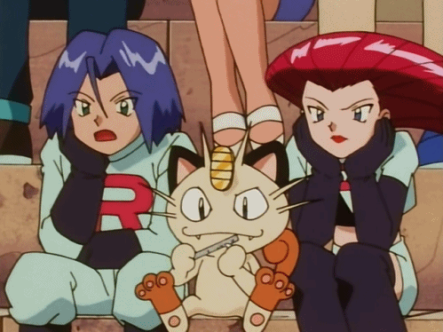gif of Jessie, James, and Meowth from Pokémon sitting together on a set of stairs while Meowth files his nails.
