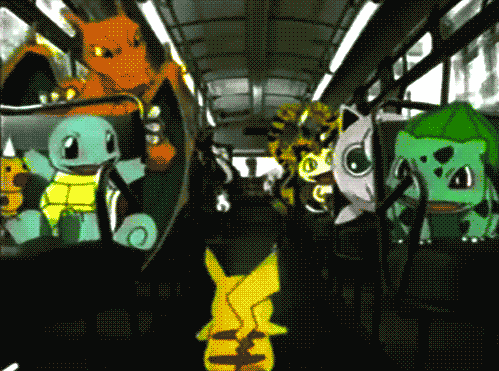 gif of pikachu walking down the aisle of a schoolbus