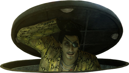 Goro Majima peeking out from the sewers, holding the manhole above his head